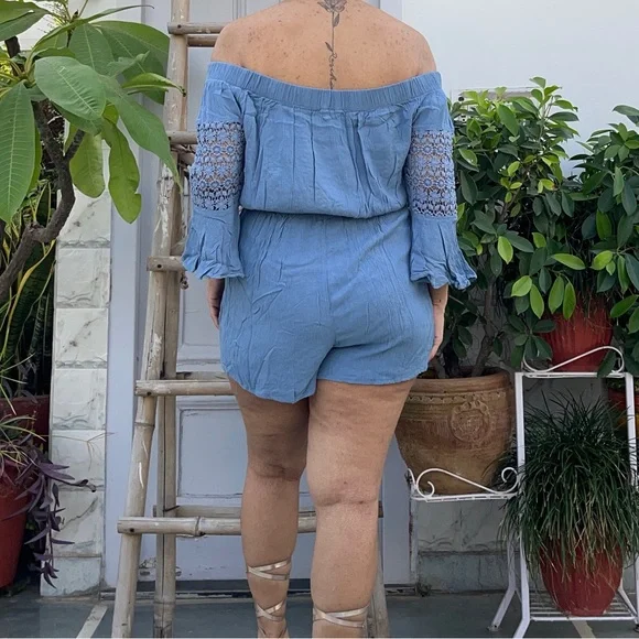 NWOT Blue Off Shoulder Drawstring Romper / Blue Off Shoulder Drawstring Playsuit - Picture 5 of 6